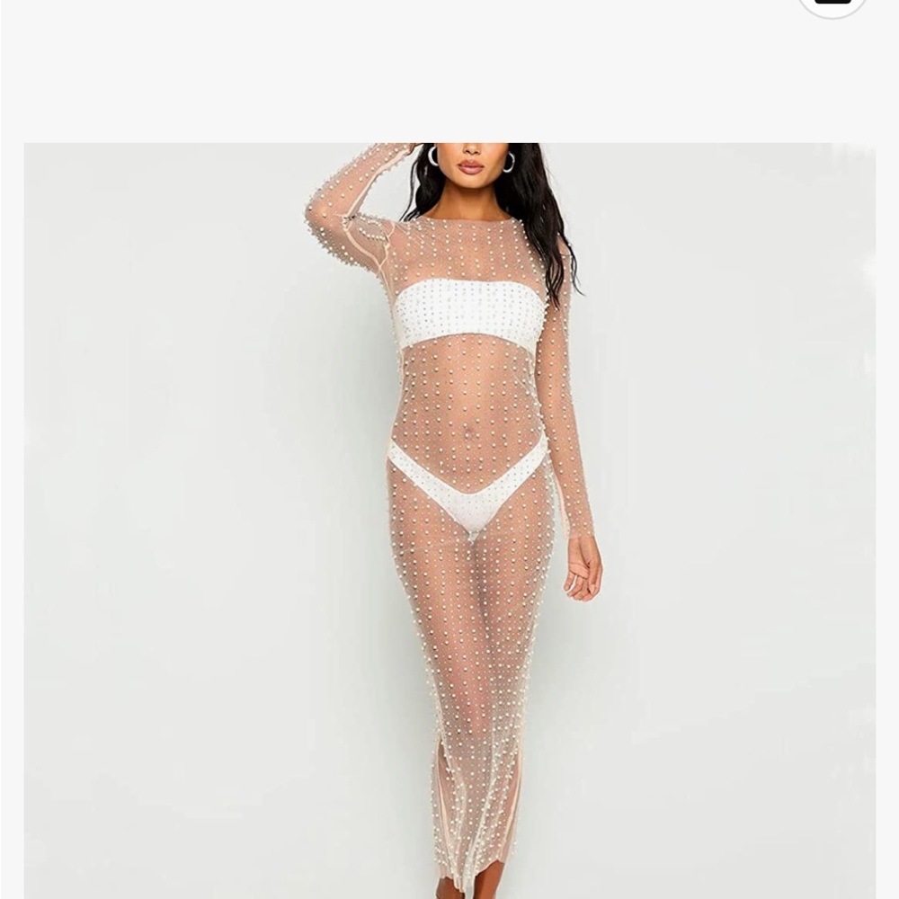 Sexy Pearl Mesh Swimwear Cover Up See Through Long Sleeve Sheer coverup